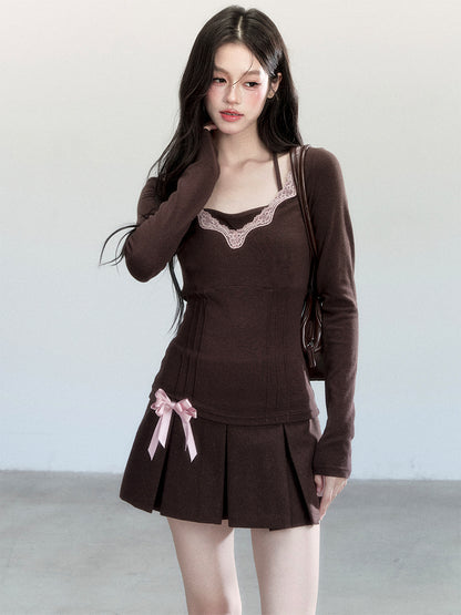 Ballet Style Lace-Trimmed Top With Halter Strap