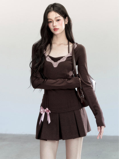 Ballet Style Lace-Trimmed Top With Halter Strap