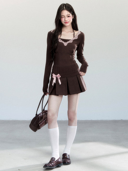 Ballet Style Lace-Trimmed Top With Halter Strap