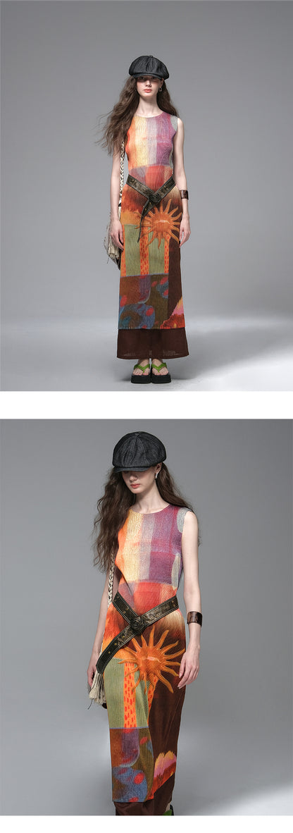 Pleated Retro Graphic Print Dress With Belt