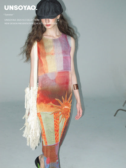 Pleated Retro Graphic Print Dress With Belt