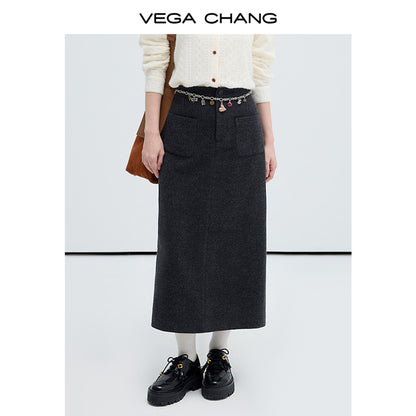 Wool Blend High Waist Pocketed Straight Long Skirt