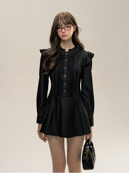 Glossy Pleated Frill Shirt Dress