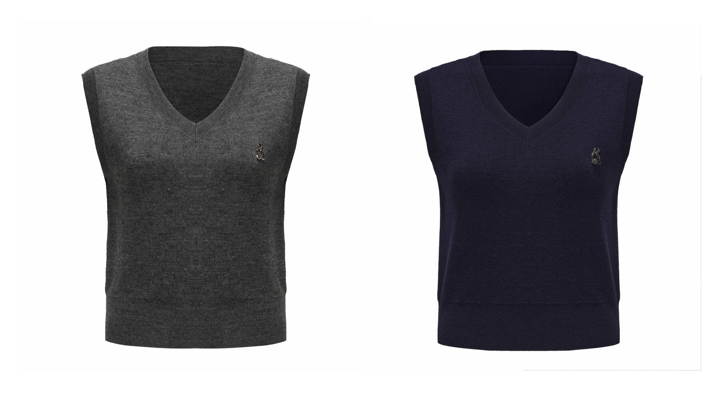 College Style V-Neck Wool Blend Knit Vest