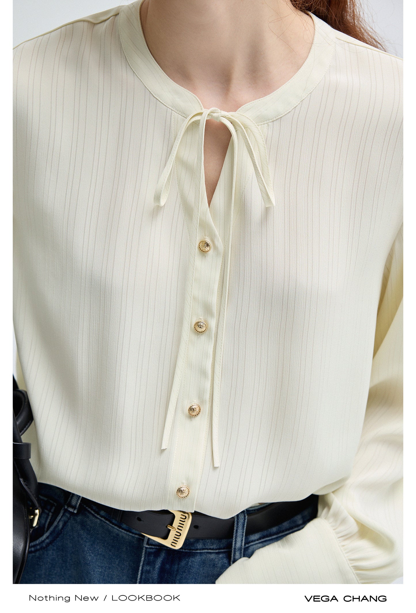 Tie Neck Stripe Chiffon Blouse With Flare Cuffs