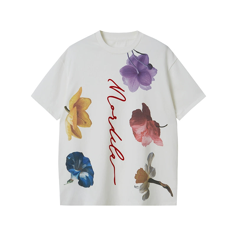 Colorful Flower Print Round Neck Cotton T-Shirt