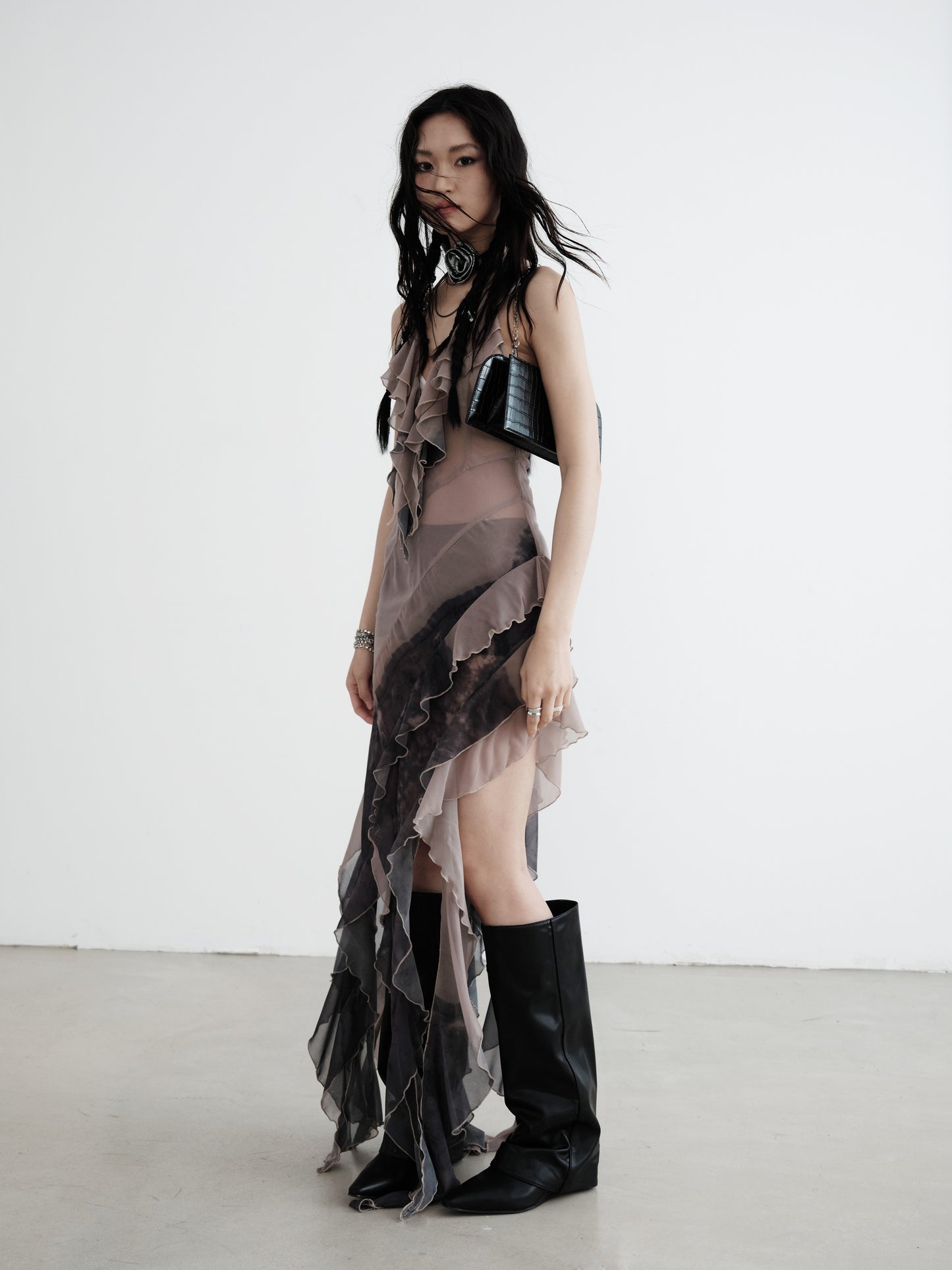 Asymmetric Smudge Print Sheer Chiffon Dress