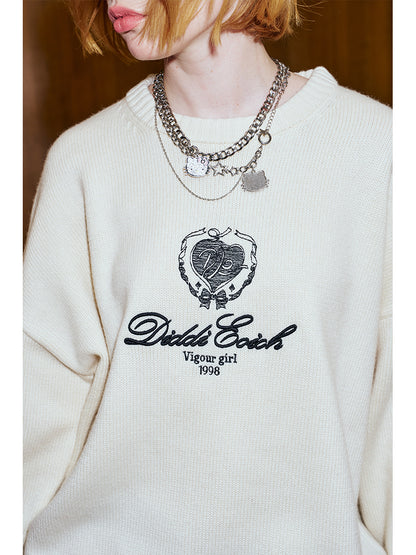 Round Neck Embroidered Badge Knit Sweater