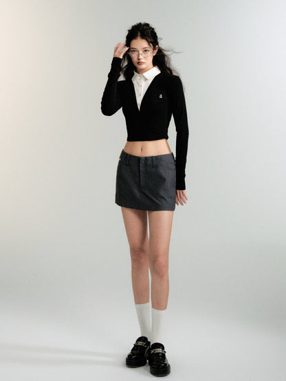 Office Lady Faux Two-Piece Slim Fit Cropped Shirt