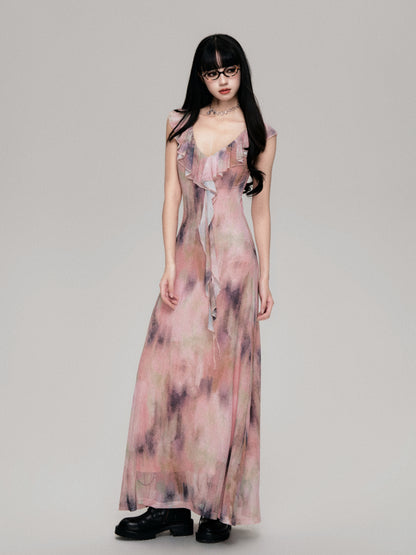 Smudge Print Wood Ear Edge V-Neck Mesh Long Dress