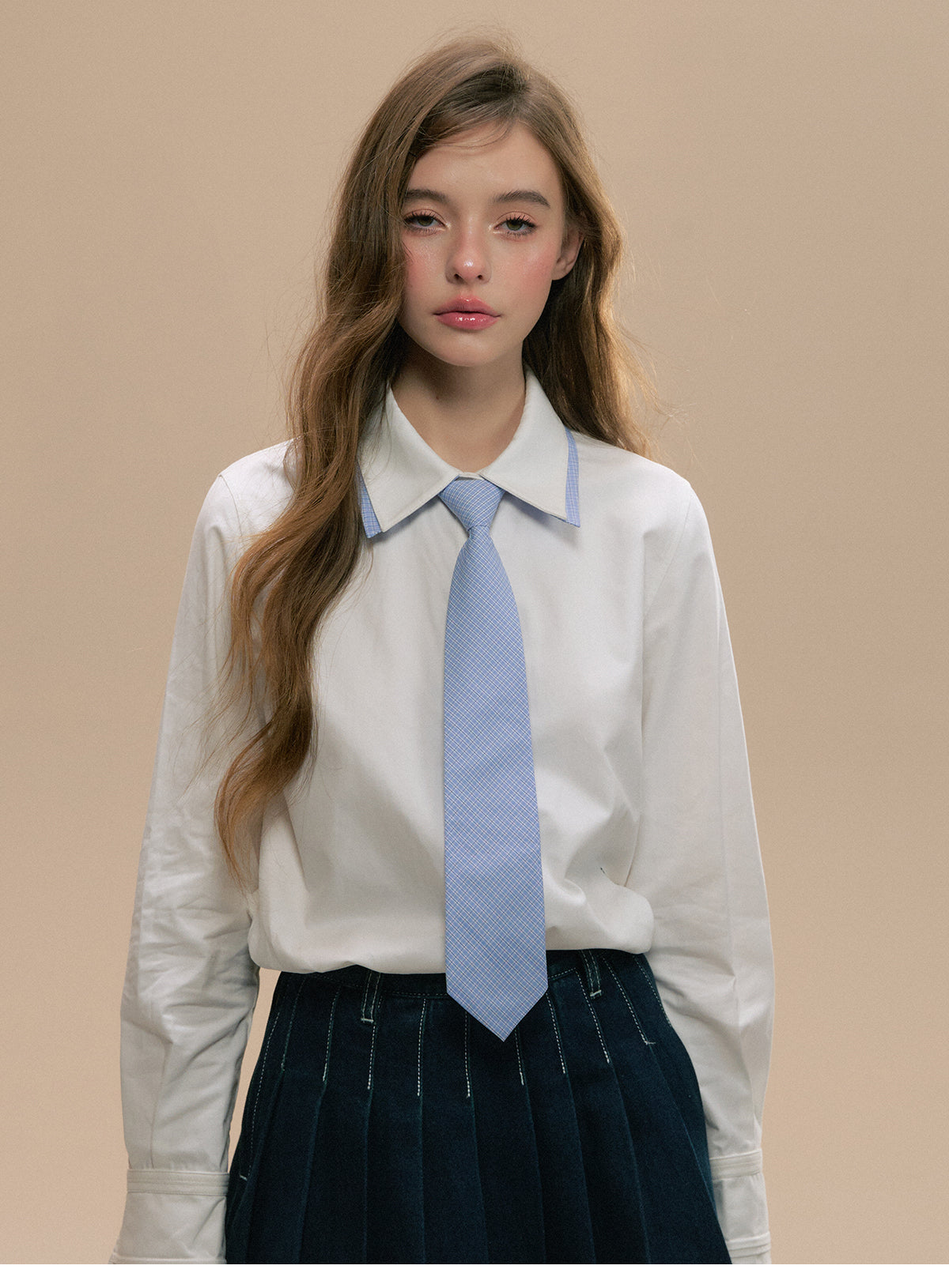 Plaid Double-Collar Shirt With Tie