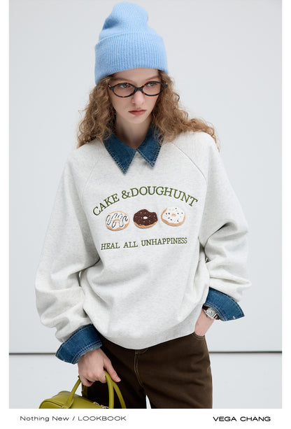 Donut Embroidery Raglan Sleeve Sweatshirt