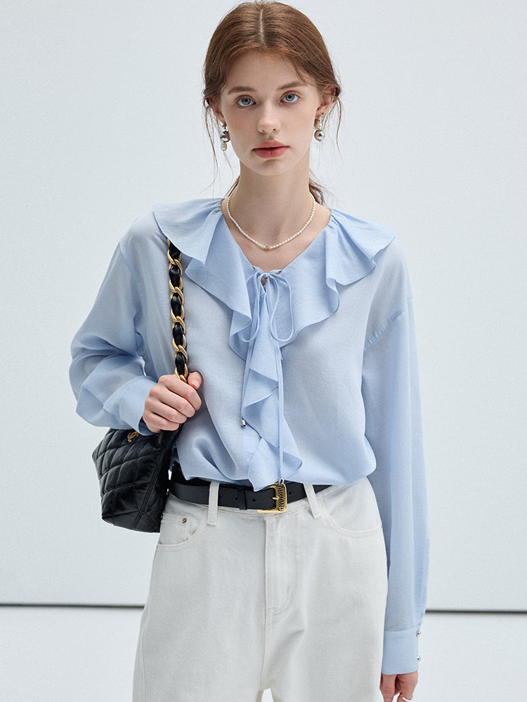 Ruffled Collar Button Down Chiffon Blouse