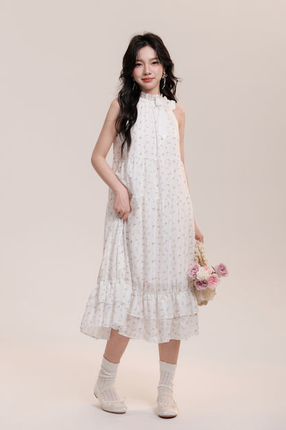 Floral Frill Neck Long Flowy Dress With Bow