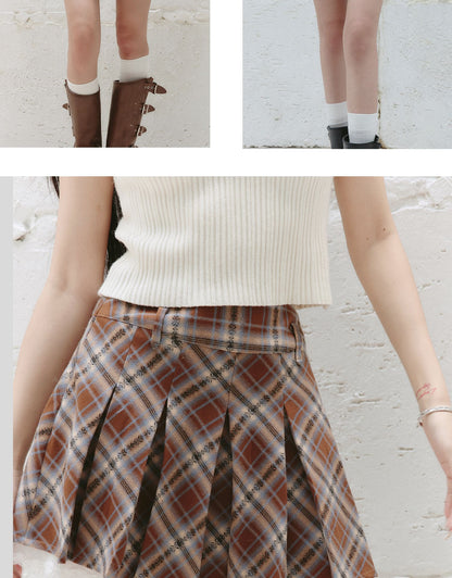 Lace-Trimmed Plaid Mini Pleated Skirt