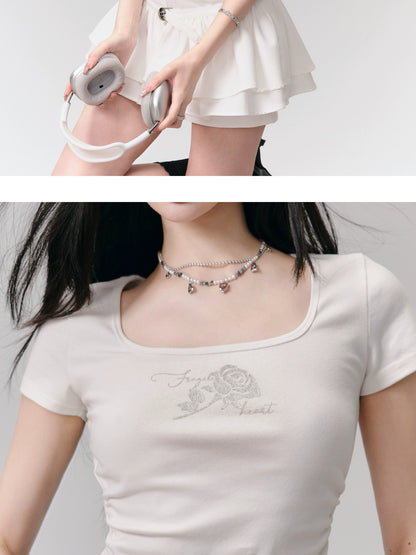 Rose Print Stretchy Cotton Square Neck Basic T-Shirt