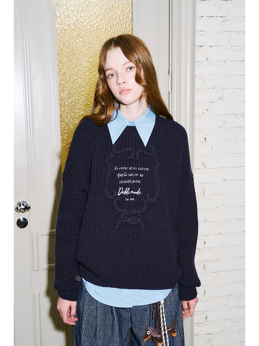 Letter Embroidered Ribbed Knit Sweater