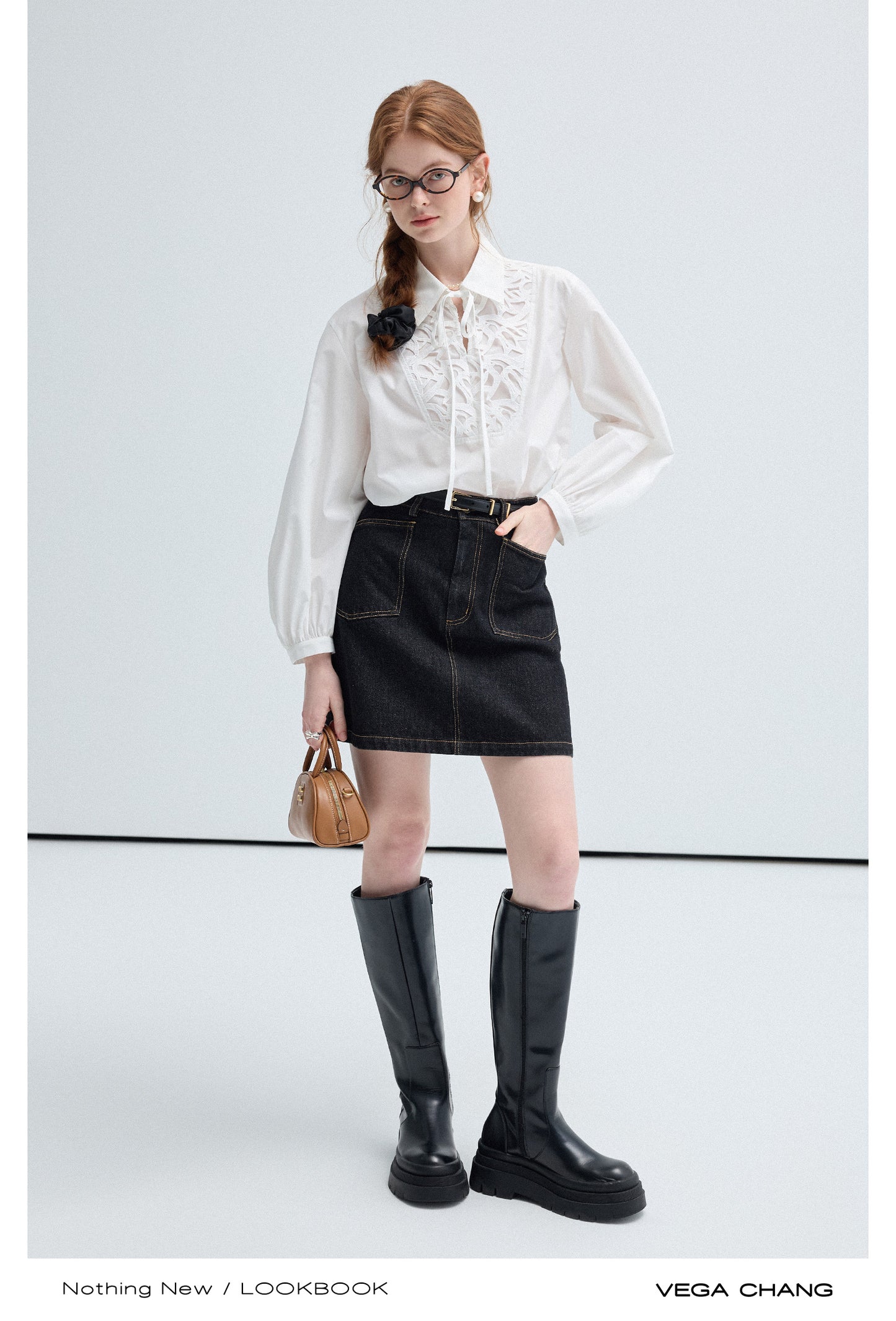 Tie Neck Blouse, High Waist A-Line Denim Skirt