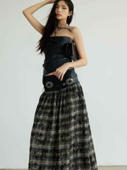 Plaid Long Skirt With Faux Leather Belted Waist