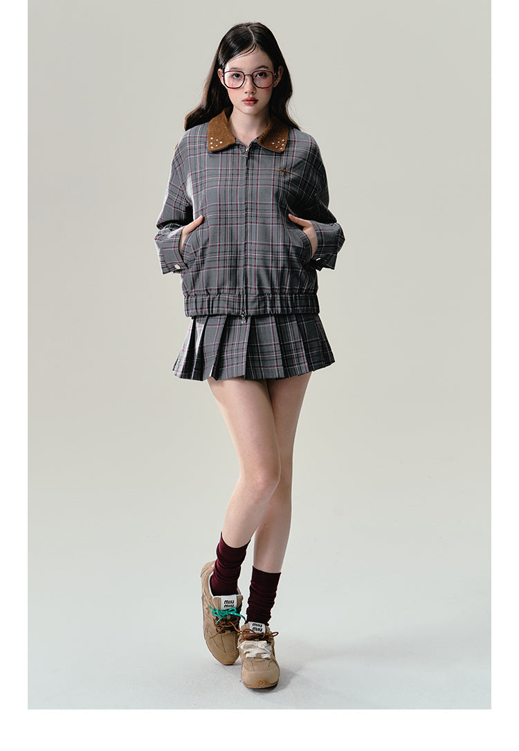 Plaid Zip-Up Jacket And Pleated Skirt Outfit