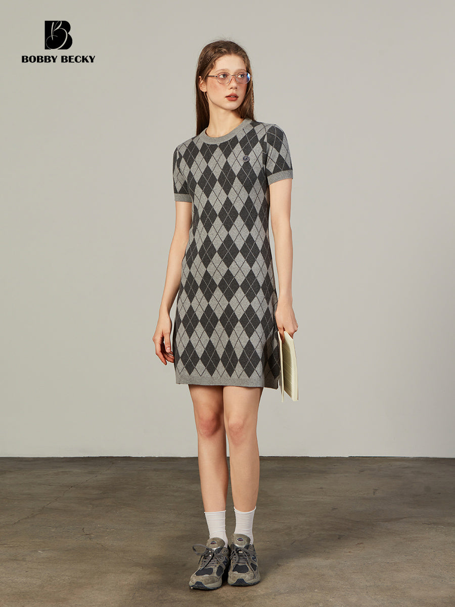 Mercerized Wool Short Sleeve Argyle Knit Dress