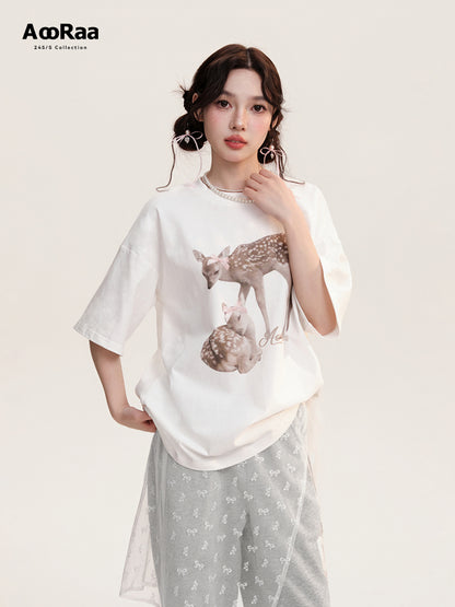 Oversized Deer Print Round Neck Cotton T-Shirt