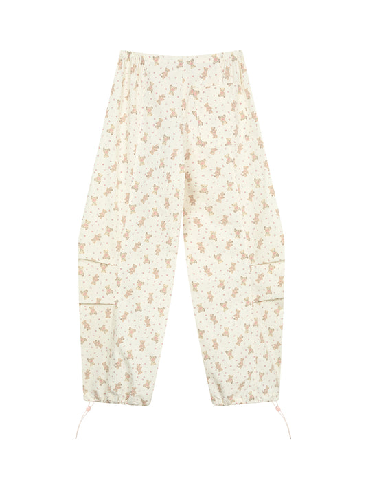 Drawstring Hem Floral Teddy Bear Print Pants