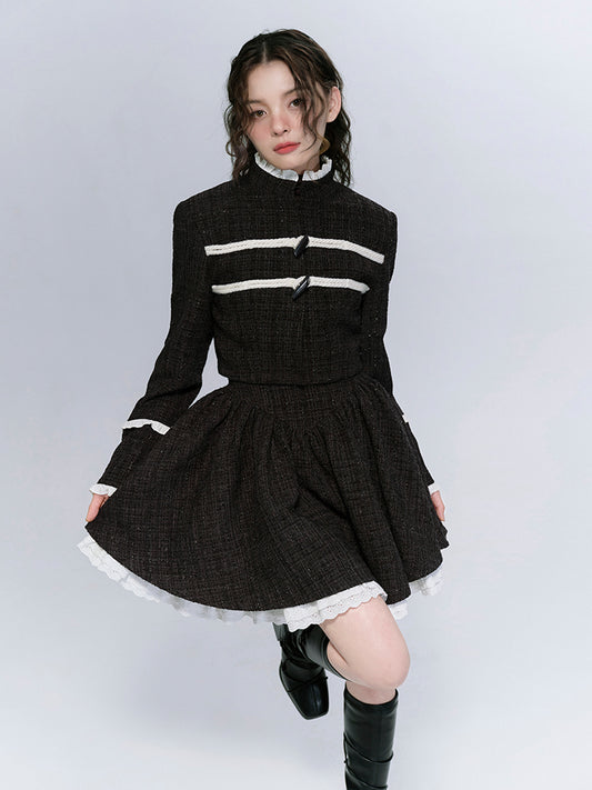 Dual Closure Tweed Jacket And Pleated Frill Skirt