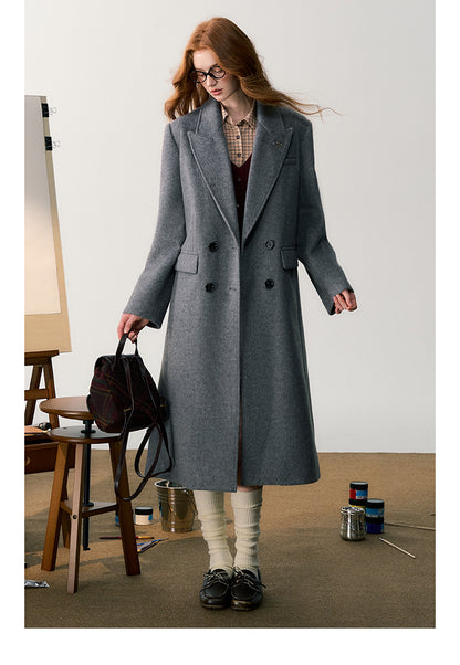 Classic Wool Blend Double-Breasted Coat With Charm