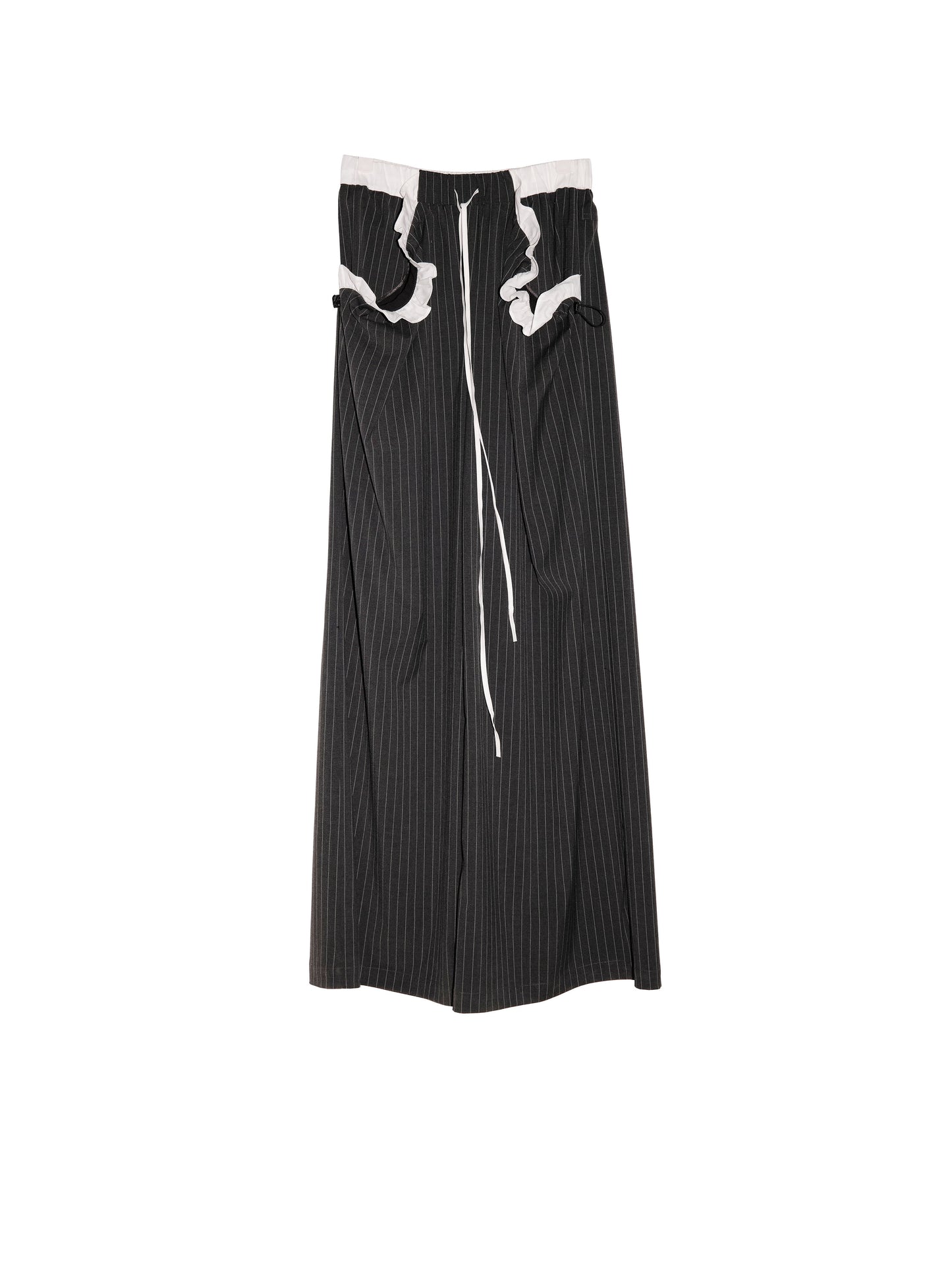 Frilled Pocket Wide Floor-Length Striped Trousers