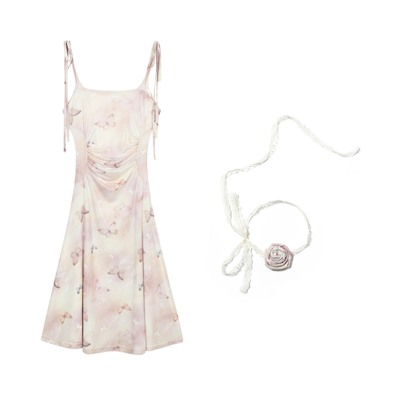 Butterfly Mesh Cami Dress And Flower Necklace