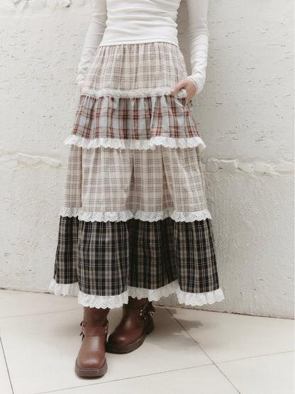 Plaid Patchwork Lace Trimmed Tiered Long Skirt