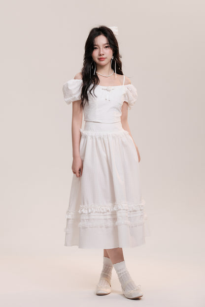 Rose Checkered Puff Sleeve Top And Frilled Skirt