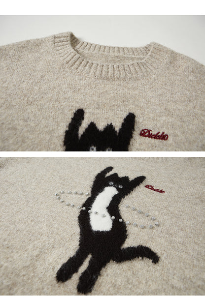 Beaded Hula Hoop Cat Knit Pullover