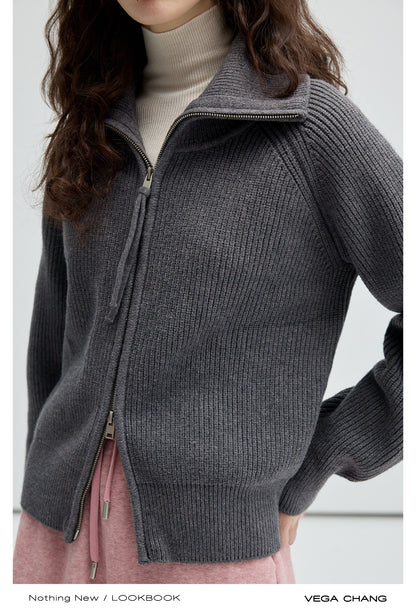 Double Zip Simple Ribbed Cardigan