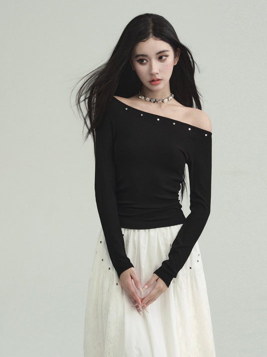 Studded Off Shoulder Top And Lace Patched Skirt