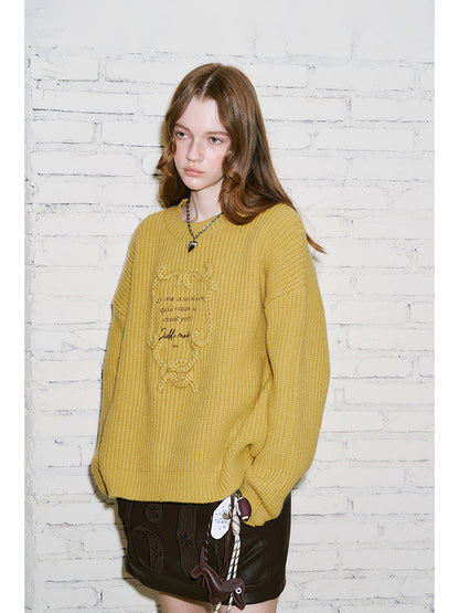 Letter Embroidered Ribbed Knit Sweater