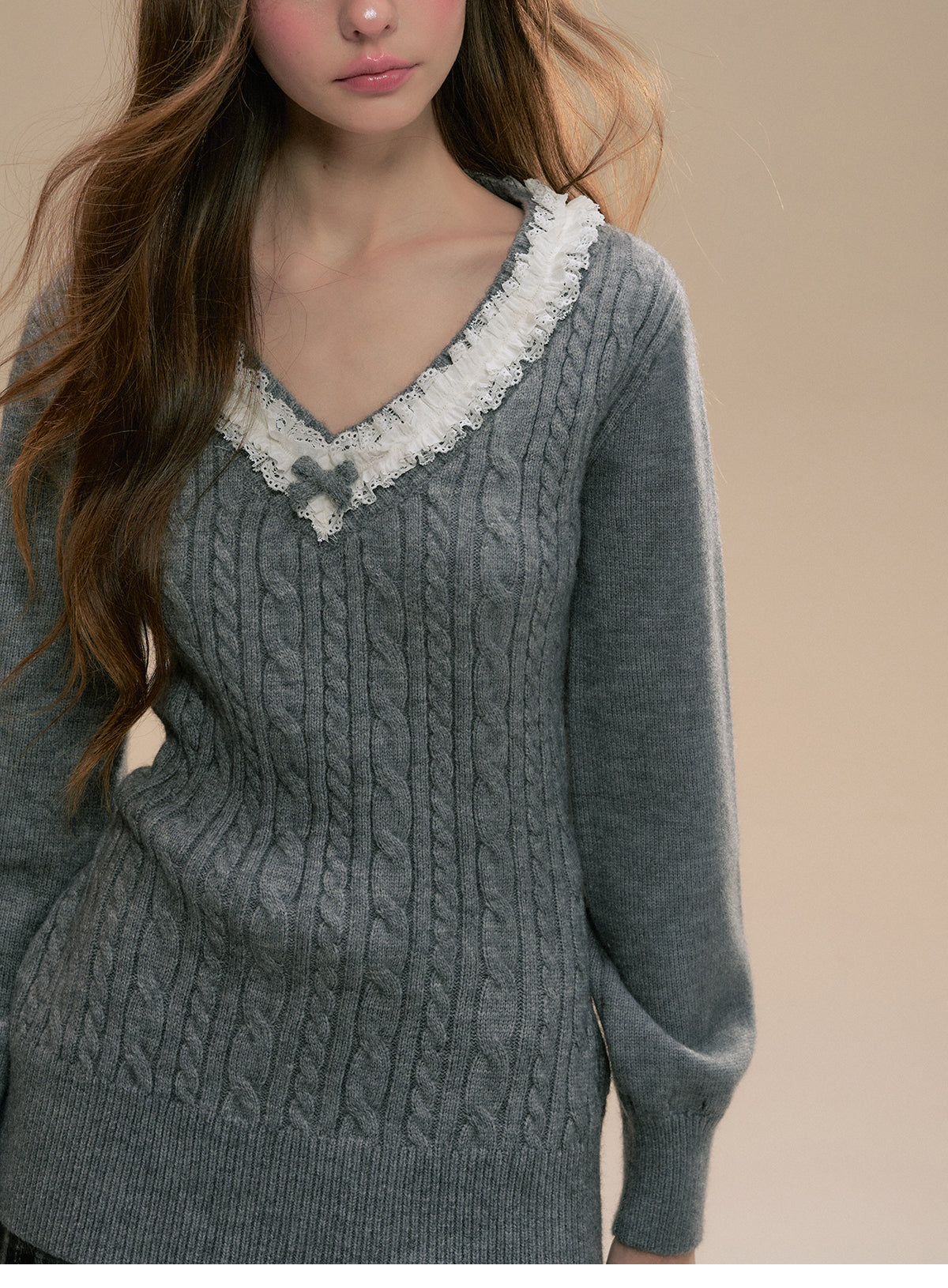 Frilled V-Neck Cable Knit Sweater