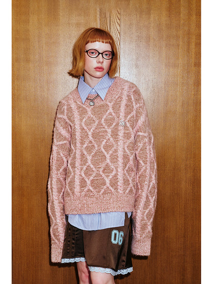 Geometric Cable Knit Round Neck Sweater