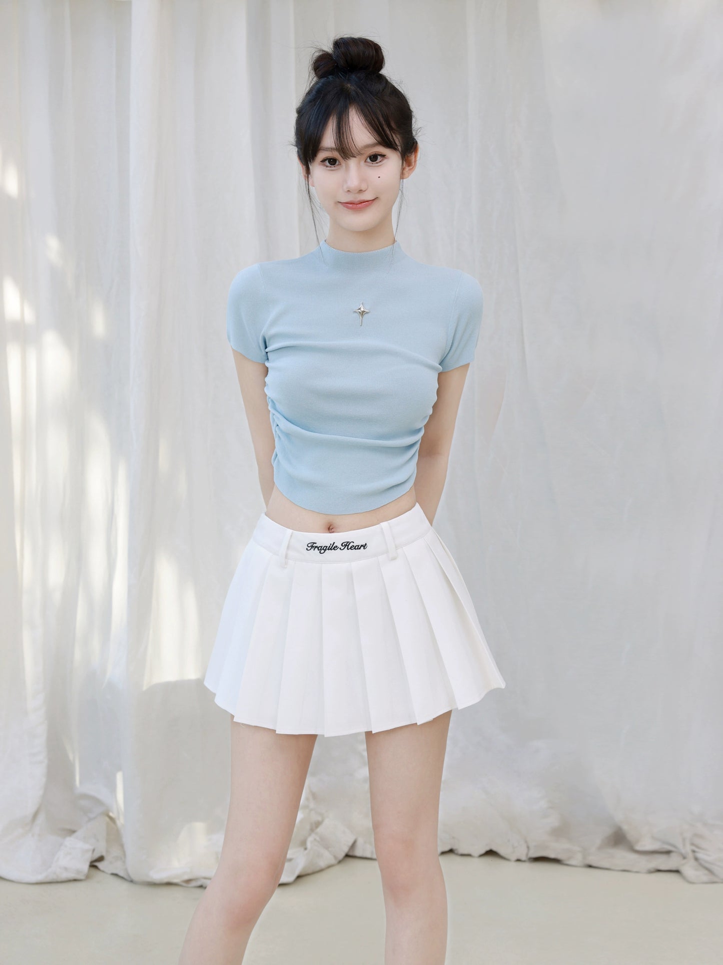 Embroidered Waistband Pleated A-Line Mini Skirt