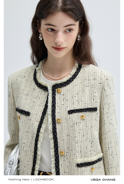 Fringed Edge Shoulder Padded Metallic Tweed Jacket