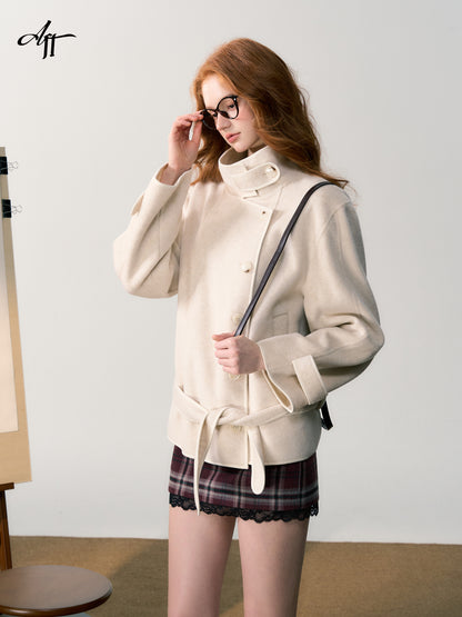 Stand Collar Belted Off-Center Button Short Coat