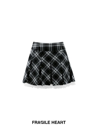 Lace-Trimmed Plaid Mini Pleated Skirt