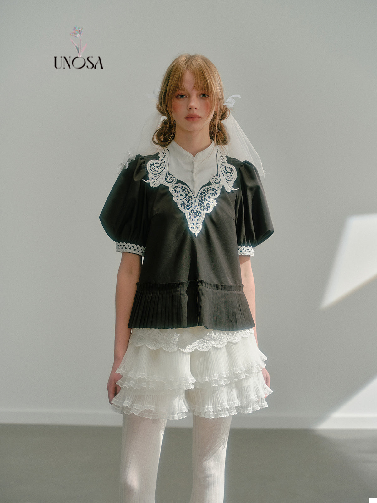 Lace Stitch Qipao Inspired Puff Sleeve Blouse