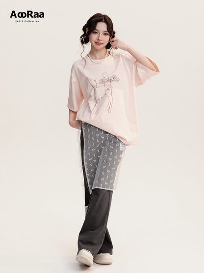 Oversized Deer Print Round Neck Cotton T-Shirt