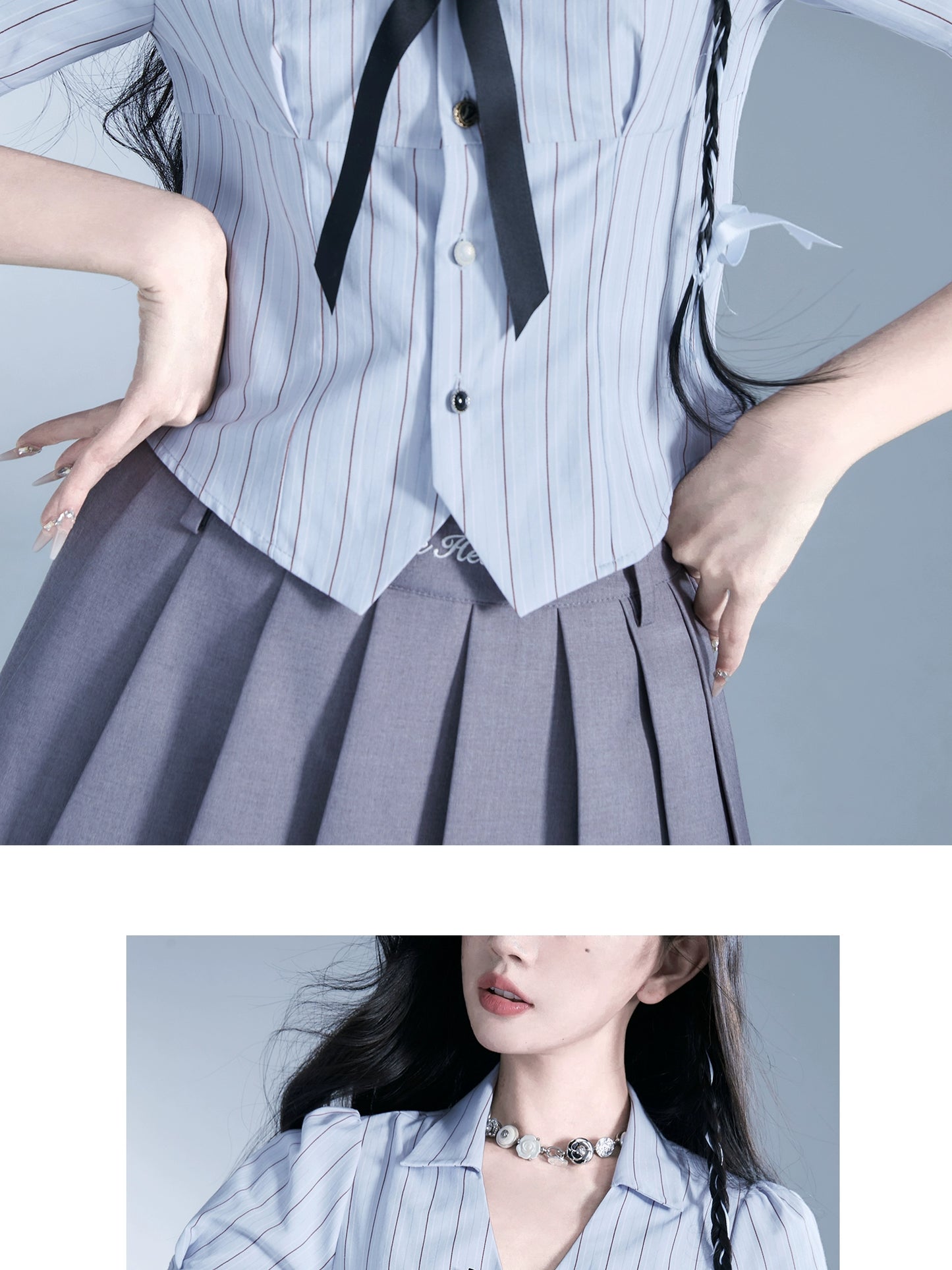 School Girl Style Rose Open Collar Shirt And Pleated Skirt