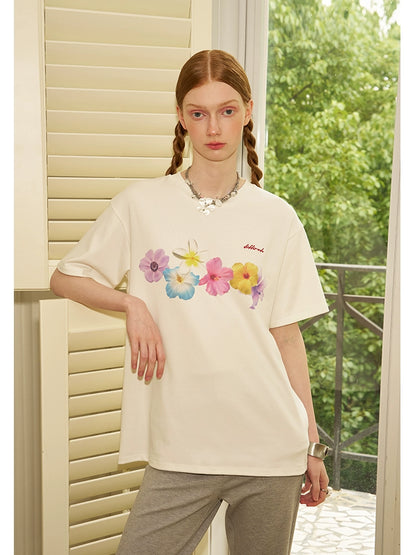 Oversized Blooming Tropical Flower Print Round Neck T-Shirt