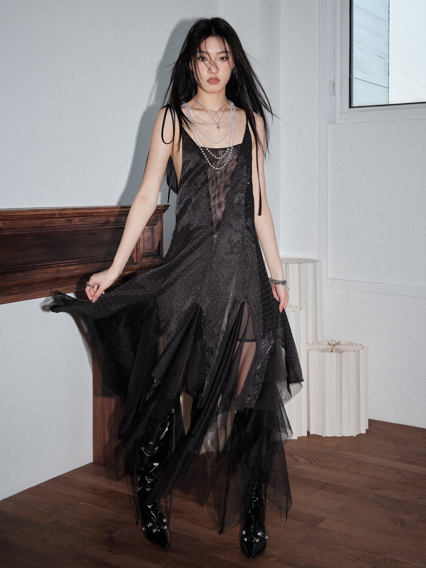 Glossy Asymmetrical Tie-Strap Sheer Long Dress