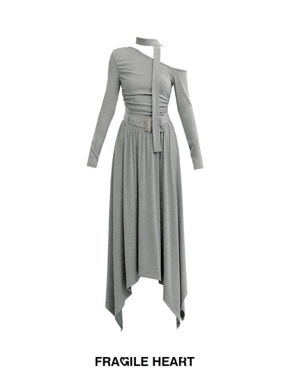 One-Shoulder Cotton Dress With Matching Scarf