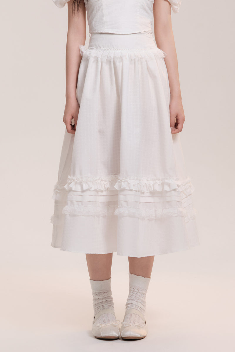 High Waist Lace Frilled Zip Up Flare Long Skirt